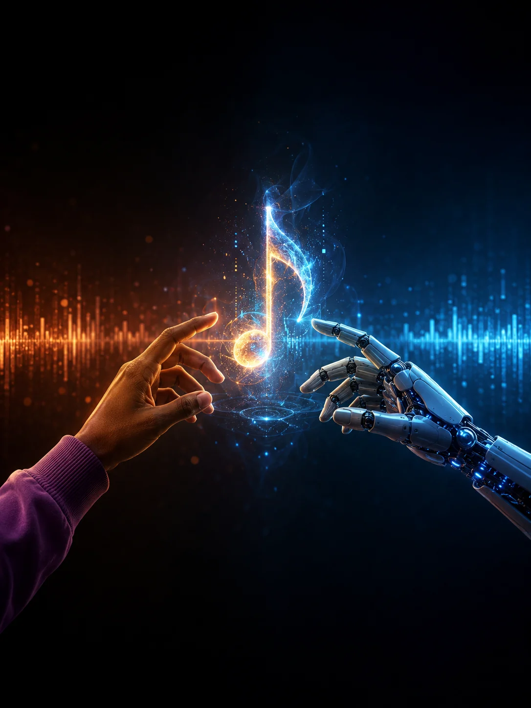 A human hand and robotic hand reaching toward a glowing musical note, symbolizing balance between human creativity and AI