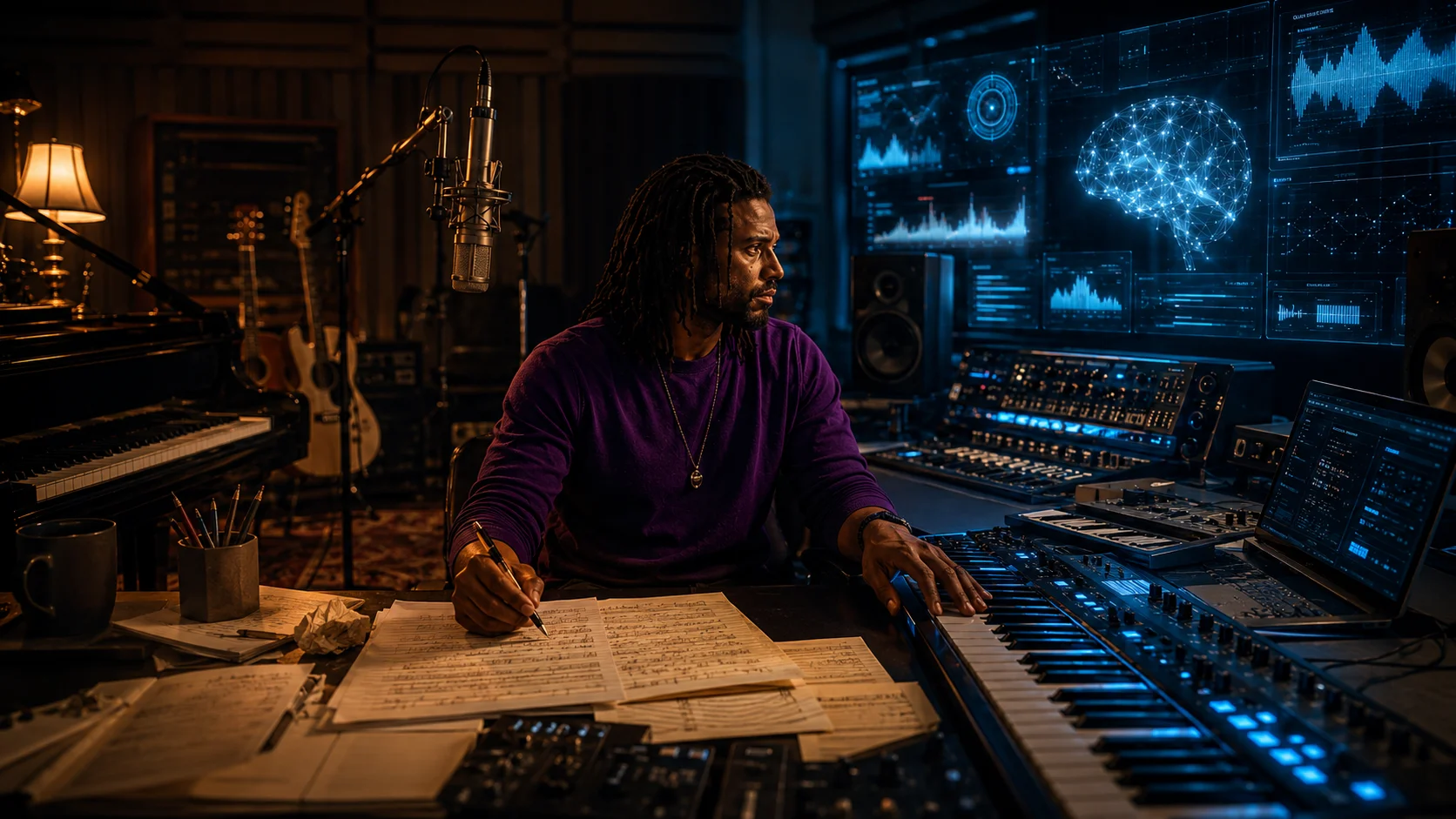 A musician working between traditional handwritten sheet music and a modern AI-assisted studio with holographic music displays