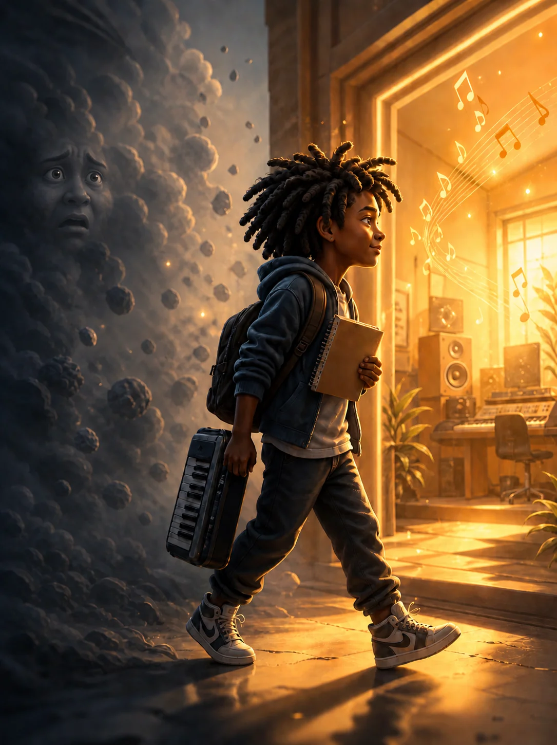 Sant Ben walking toward ambition while fear fades behind him
